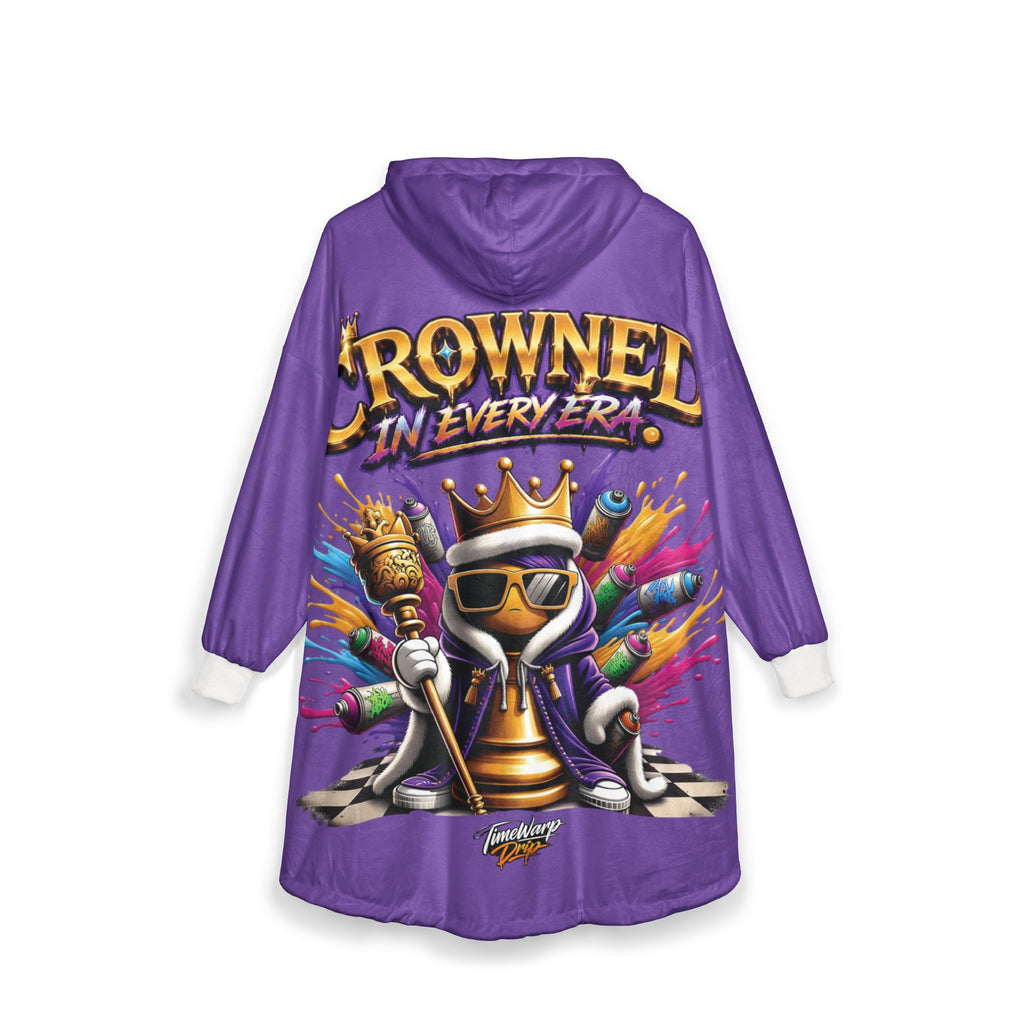 TimeWarp Drip Purple hooded blanket drips in royal street style—crowned chess piece, bold text: "Crowned in Every Era" by Printify. streetwear apparel