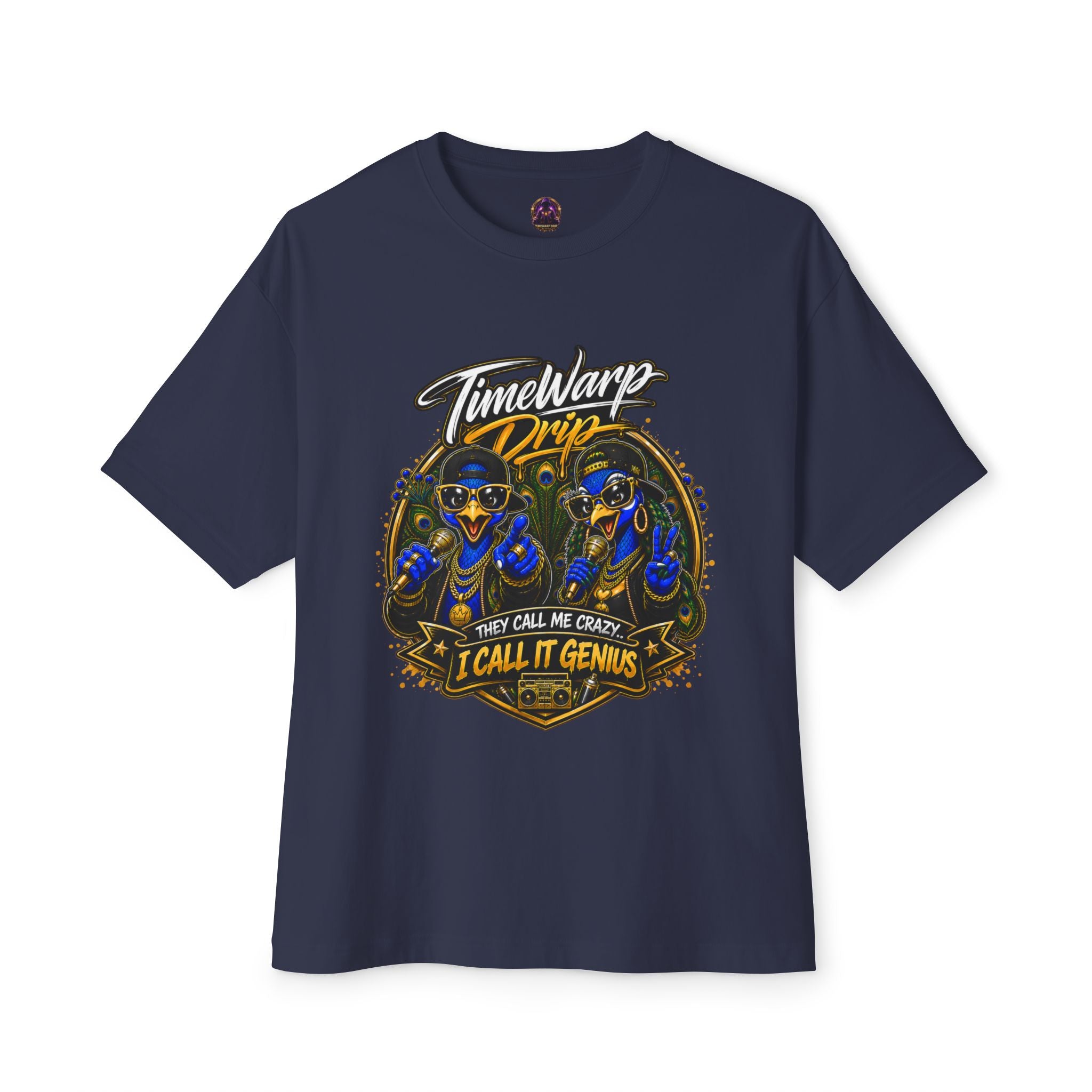 TimeWarp Drip – Oversized black boxy tee with dual peacock street art, bold hip-hop energy, premium statement for urban Premium Urban Fashionlovers. | premium streetwear