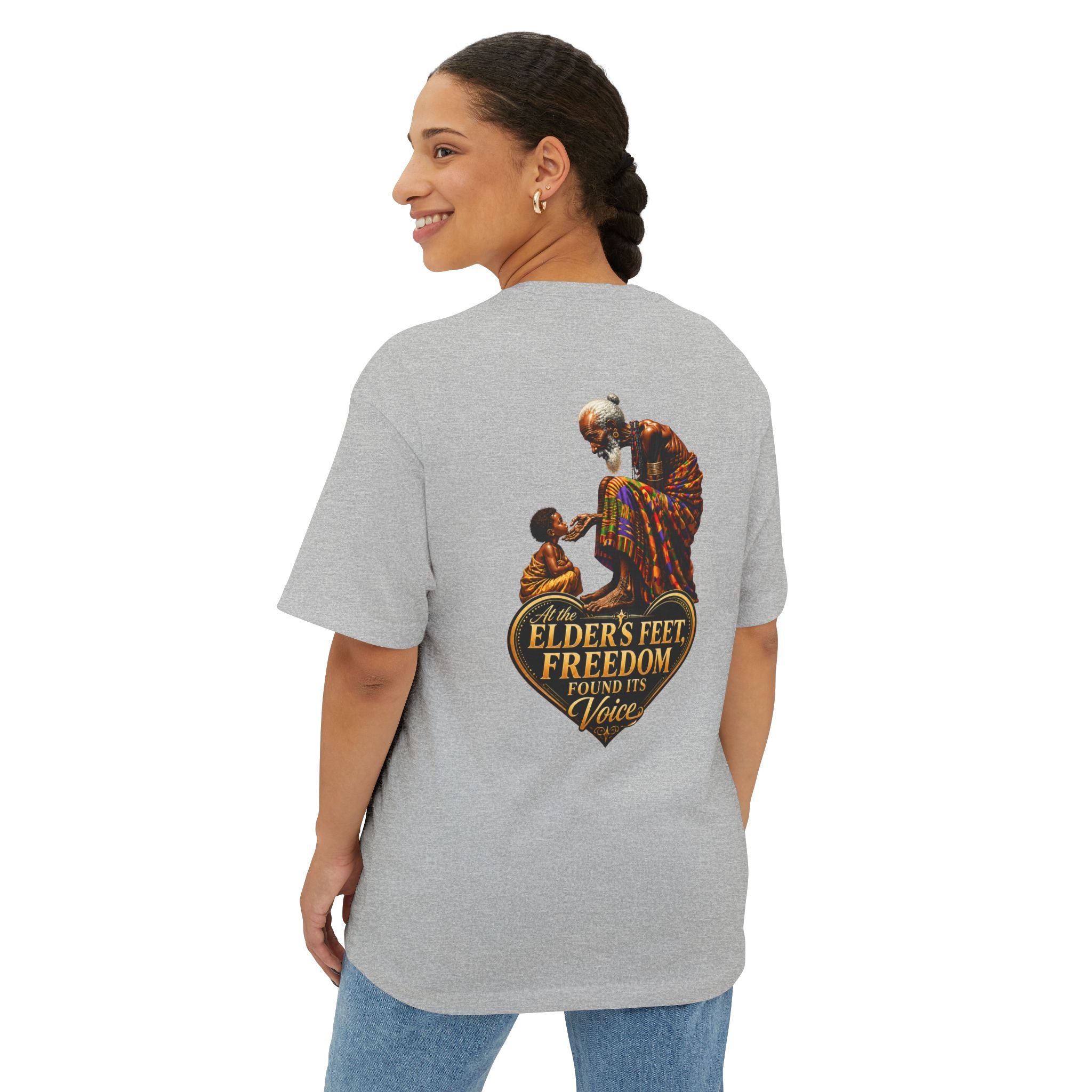 TimeWarp Drip – Oversized black boxy tee with bold “We Are the Harvest: Generational Blessing & Guidance” street graphic; city-chic edge. | premium streetwear