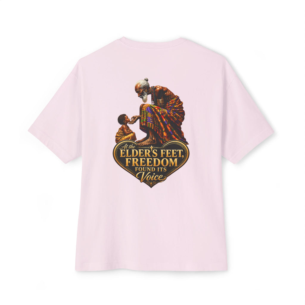 TimeWarp Drip – Oversized black tee, boxy fit, bold elder and child street art, "At the Elders Feet" quote, premium city style. | premium streetwear