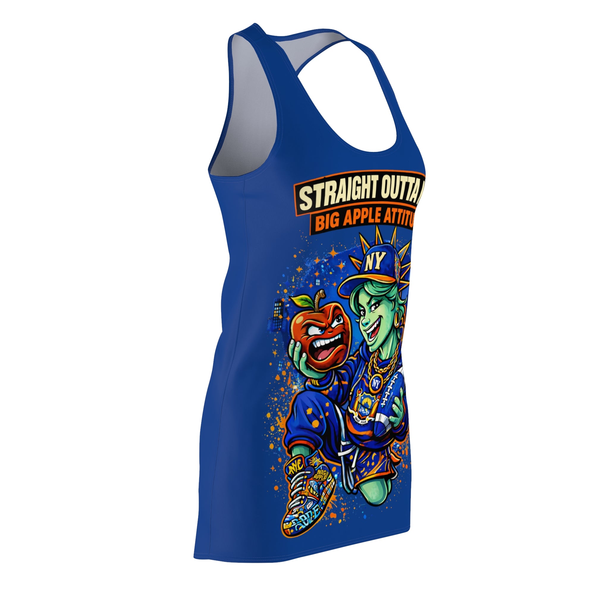Blue Racerback Dress with all-over Big Apple Attitude print, featuring iconic NYC skyline and vibrant cityscape design.