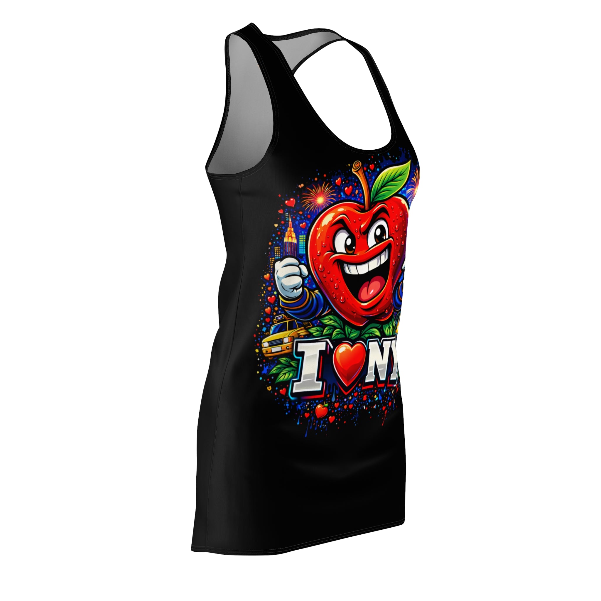 Black racerback dress with all-over "Big Apple Attitude" print featuring NYC skyline, by TimeWarp Drip.