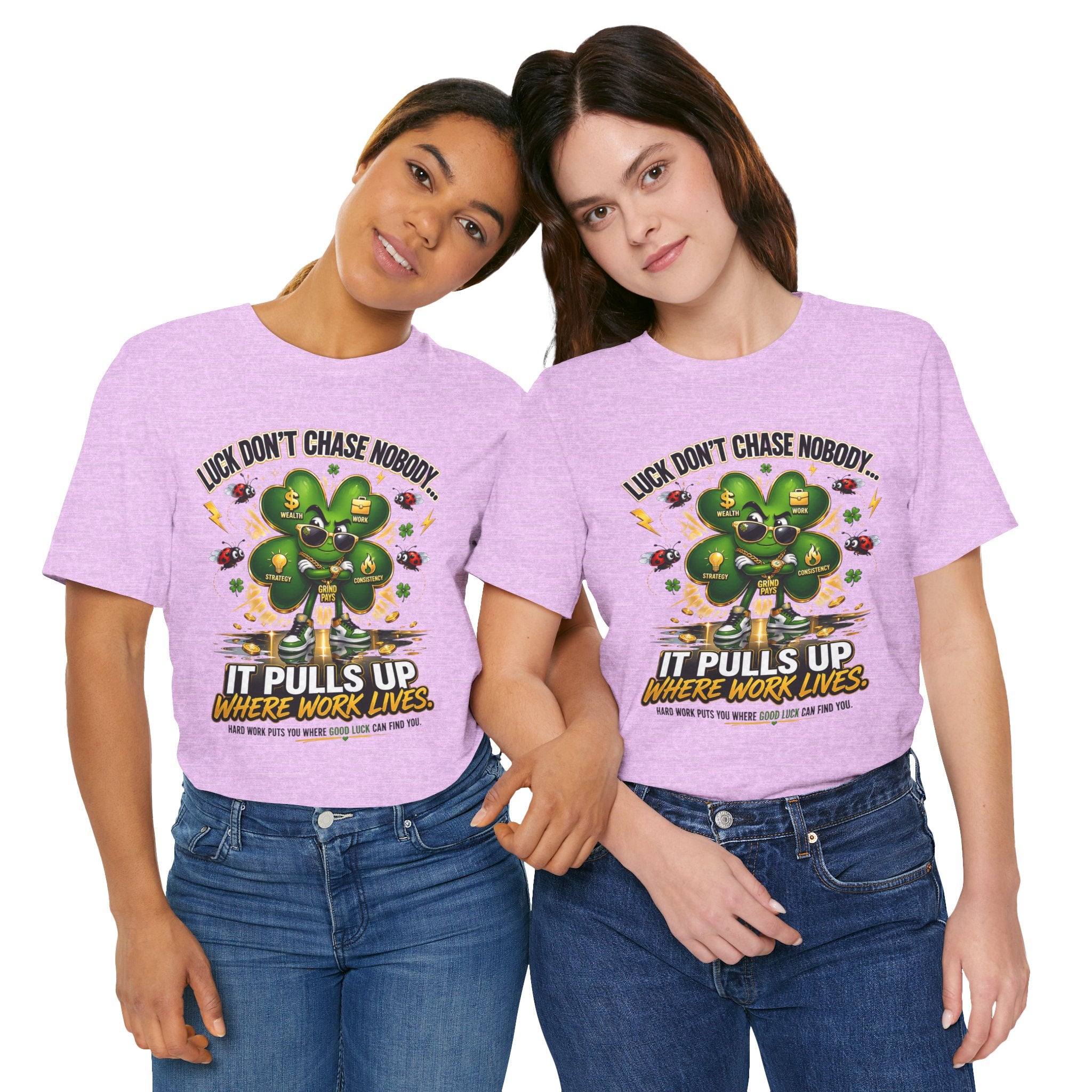 TimeWarp Drip Two women flex in crisp white Printify “Luck Don’t Chase Nobody” 4-Leaf Clover streetwear tees—fresh, fearless, iconic style. streetwear apparel