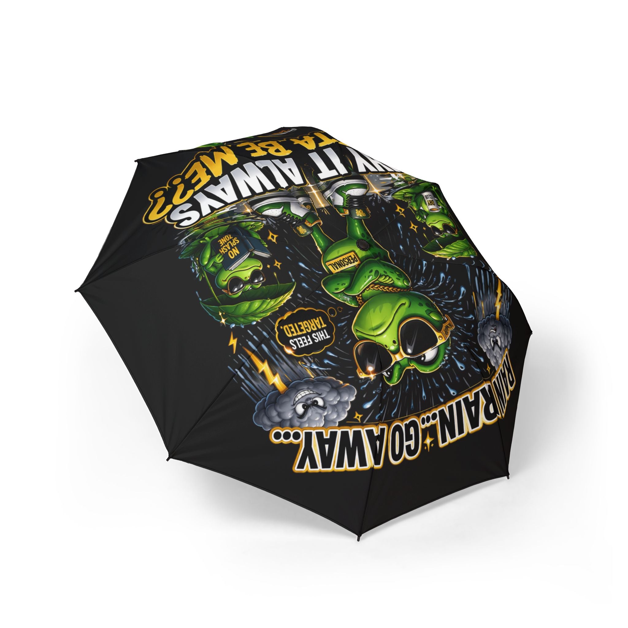 The Foldable Umbrella — 'Rain? Go Away' Frog Cartoon Waterproof (Black) Travel Umbrella features a quirky frog cartoon with playful phrases, surrounded by clouds, rain, and lightning on a black foldable design.
