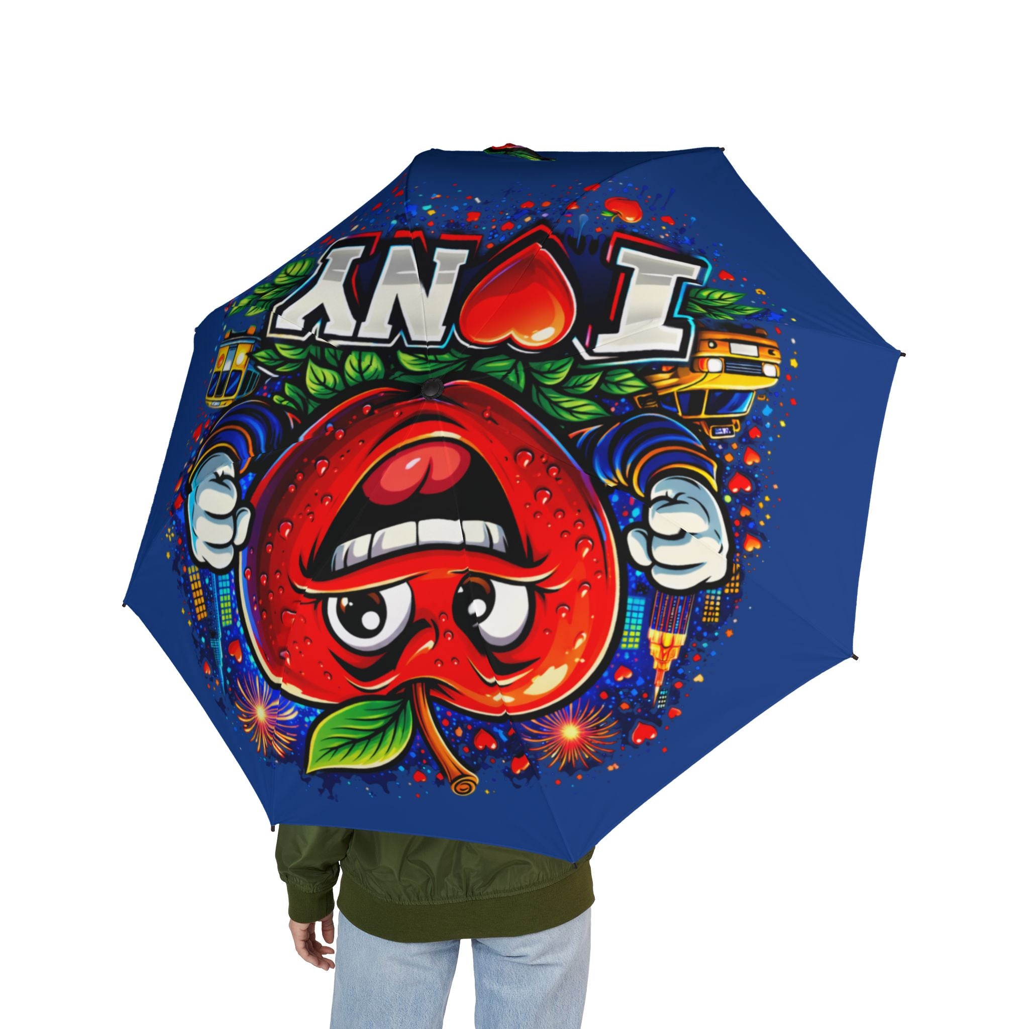Blue I Love NYC foldable semi-automatic rain umbrella with colorful cityscape design, compact accessories for rainy days.
