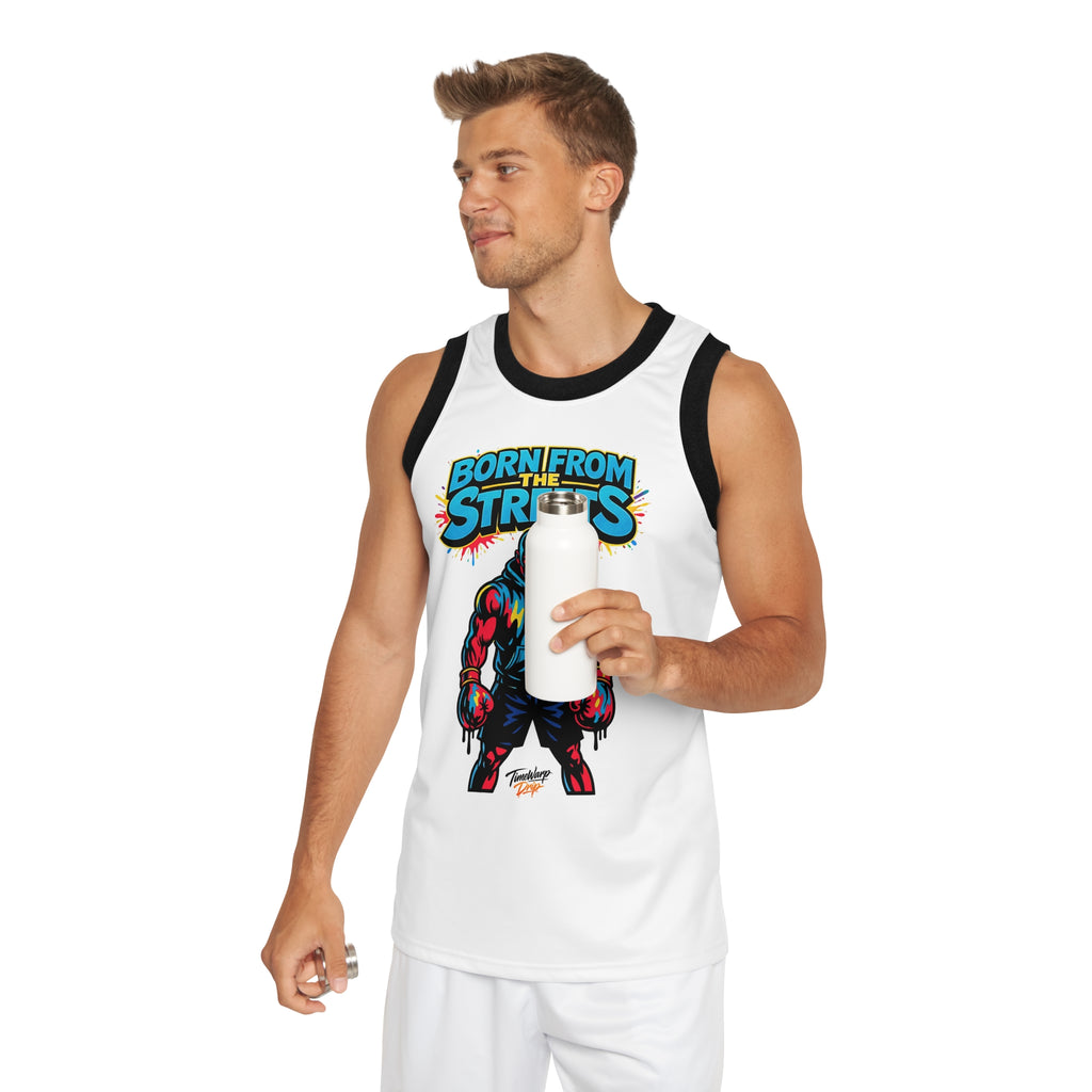White Born From The Streets graphic jersey with bold all-over print, featuring street-inspired designs by Printify.