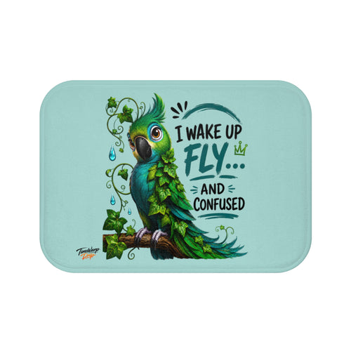 TimeWarp Drip Aqua Parrot Bath Mat drips style—"I Wake Up Fly and Confused" streetwear vibes for bold, bird-loving bathrooms. 