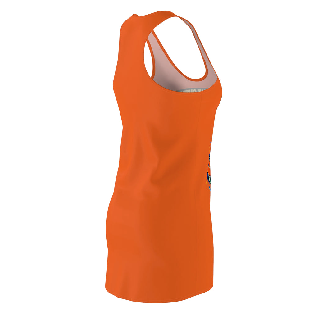 Orange racerback dress with all-over NYC "Big Apple Attitude" print, featuring bold cityscape design by TimeWarp Drip.