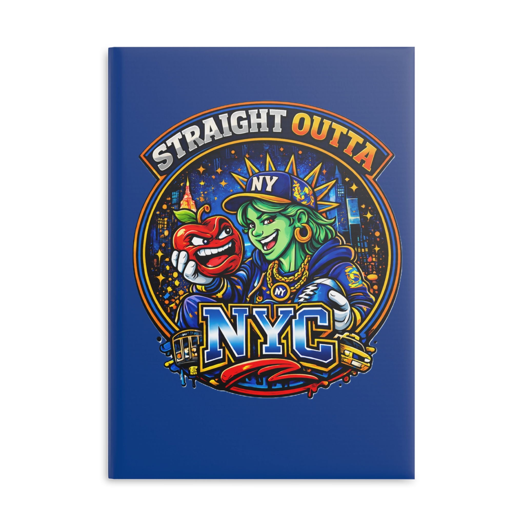 Hardcover notebook with a New York City Statue of Liberty graphic, featuring the "Straight Outta NYC" design, by TimeWarp Drip.