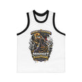The Court of Legends (White) Basketball Jersey is a unisex sportswear piece with black trim, featuring an illustrated player dunking, smoke effects, and bold “Court of Legends” and “Mindset is Everything” text. Made from moisture-wicking polyester.
