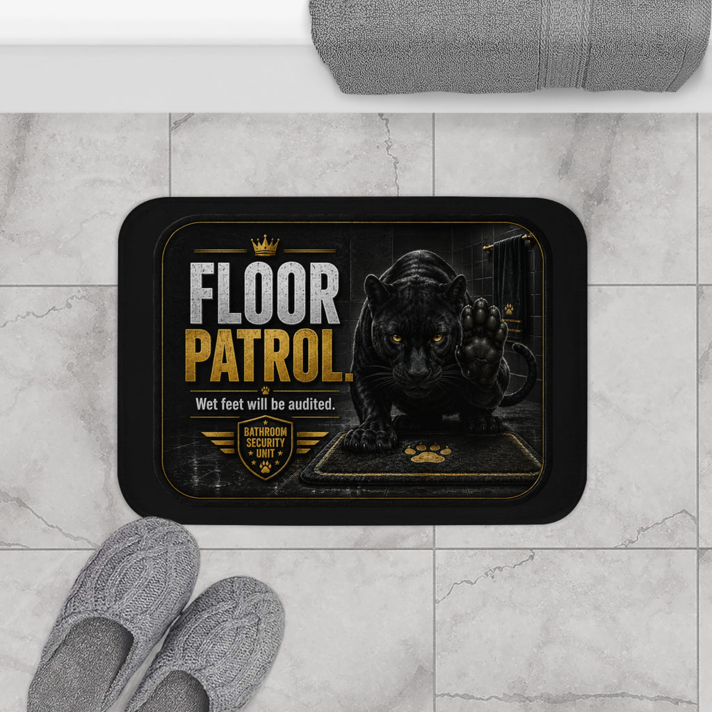TimeWarp Drip Printify Panther Bath Mat, black, streetwise “Wet Feet Will Be Audited” drip—bold floor patrol for your bathroom swagger. streetwear apparel