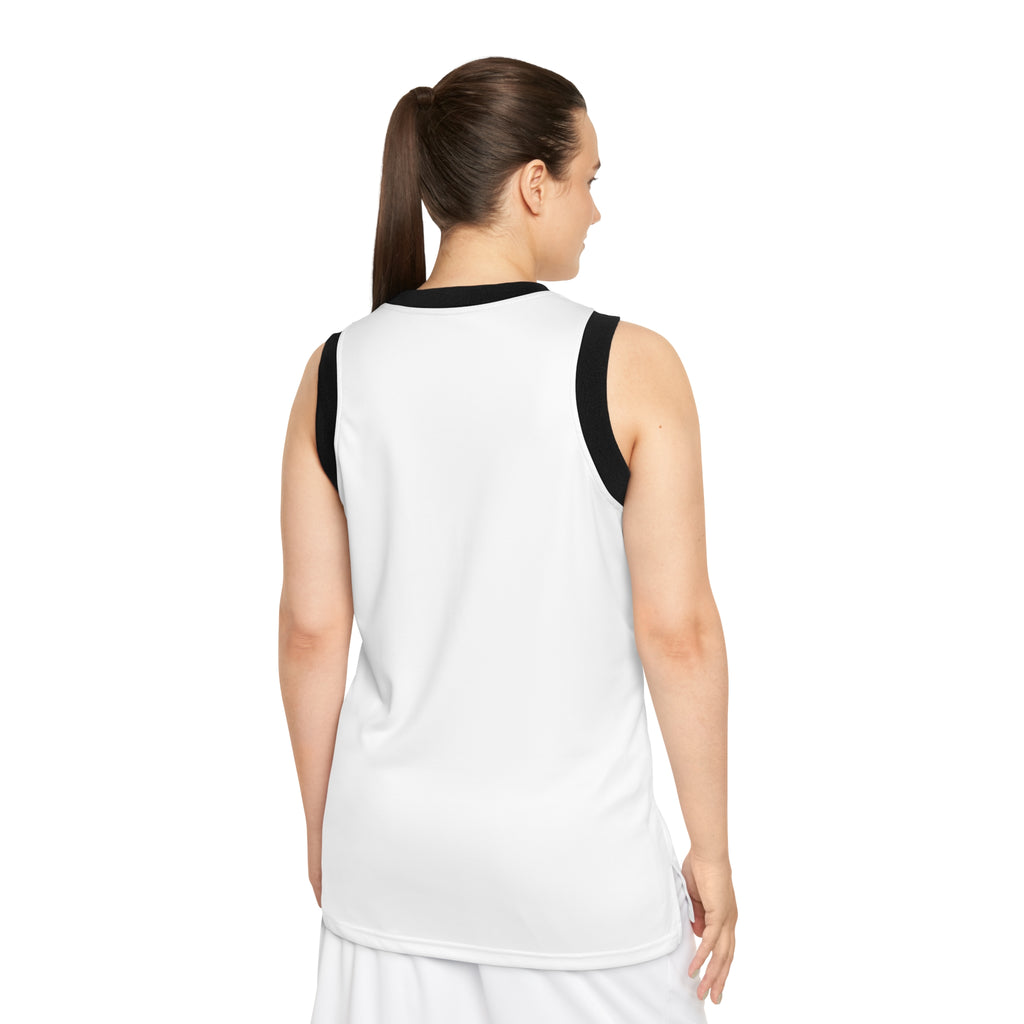 A woman with a ponytail, seen from behind, wears the Court of Legends (White) Basketball Jersey—sleeveless with black trim—paired with a white skirt, both made of moisture-wicking polyester, against a plain white background.