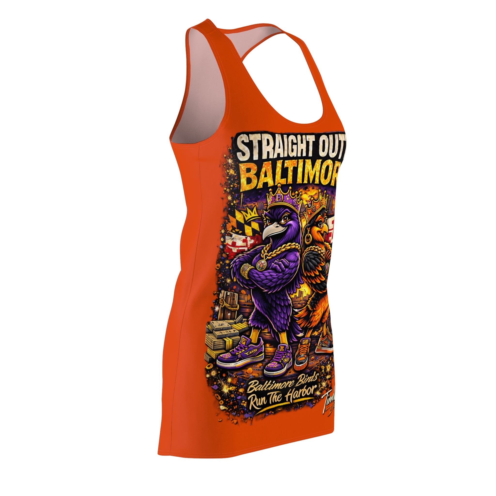 The Orange Racerback Dress - Straight Outta Baltimore - "Charm City Attitude" features quick-dry polyester, a cartoon raven in purple sunglasses, an orange bird, Maryland flag accents, and the Straight Outta Baltimore slogan.