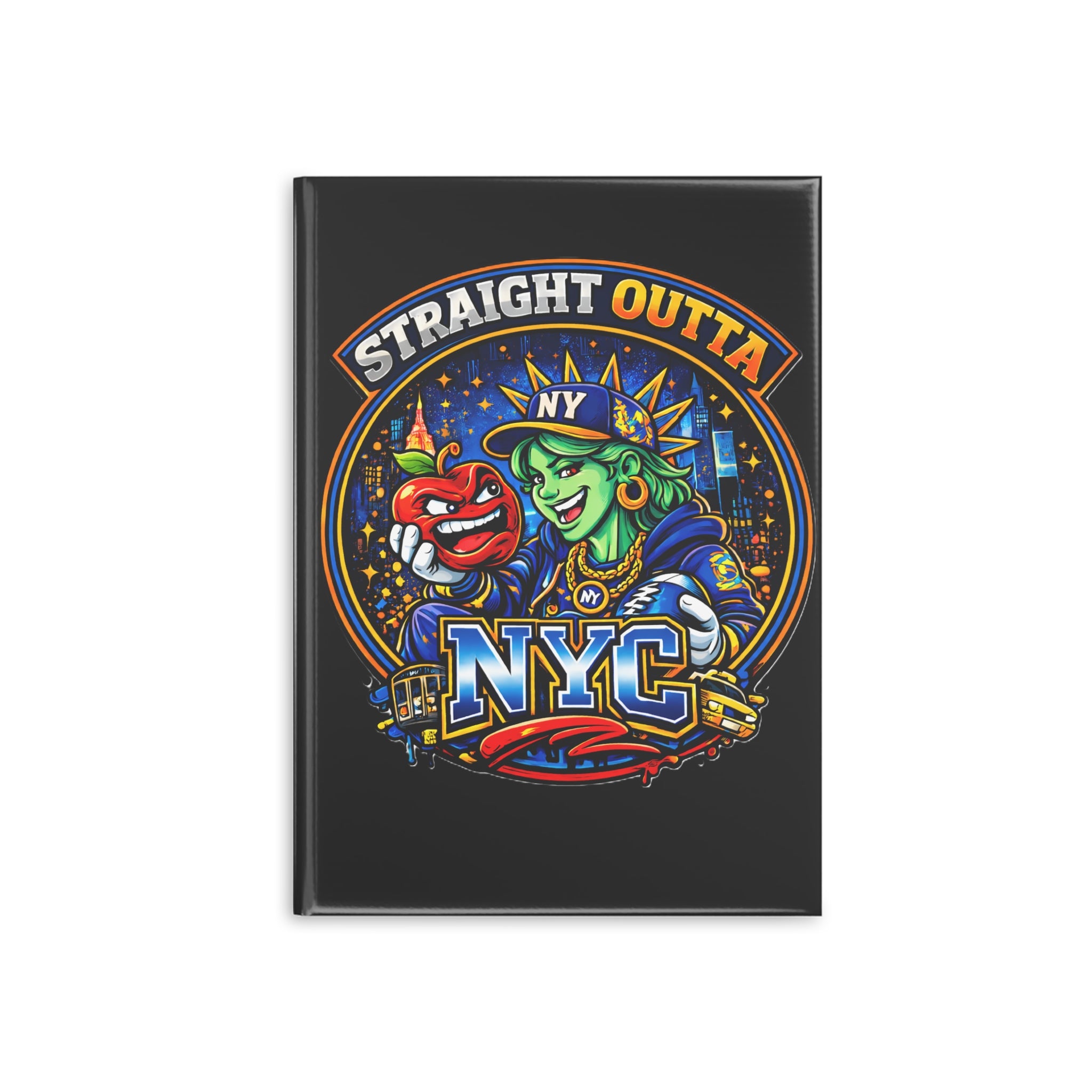 Black hardcover notebook featuring a New York City Statue of Liberty graphic and "Straight Outta NYC" text, by TimeWarp Drip.