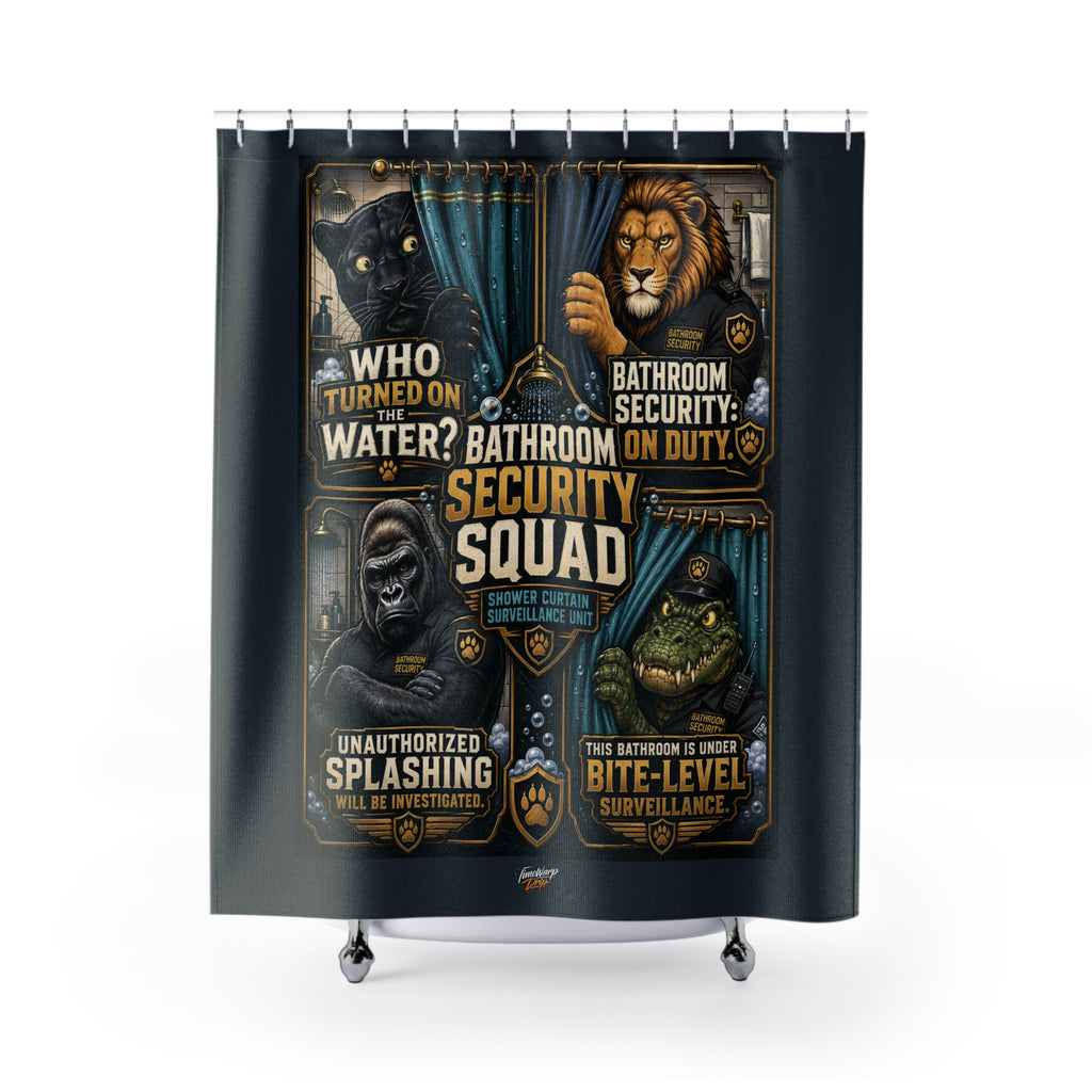 TimeWarp Drip Level up your bathroom game—funny animal guardians drip on a bold white TimeWarp Drip shower curtain, streetwear style!. streetwear apparel
