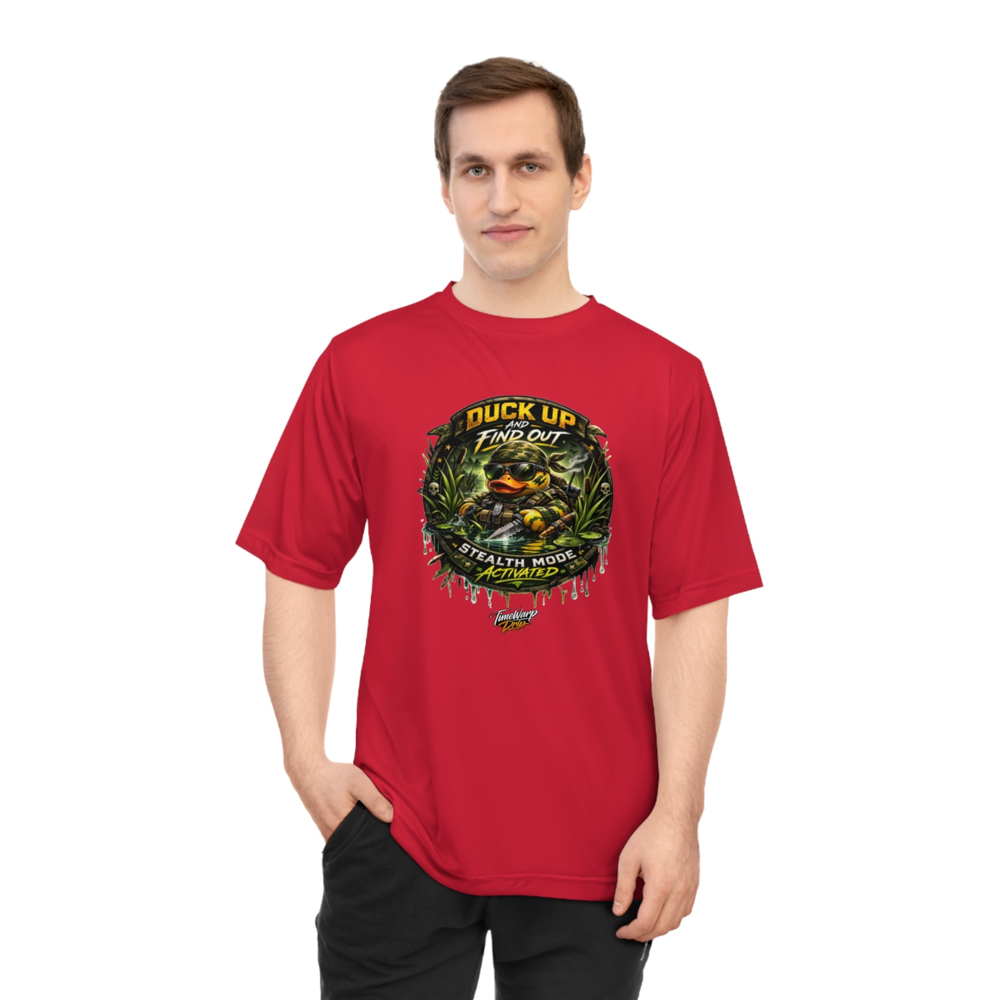 TimeWarp Drip Man rocking TimeWarp Drip  Duck Up Find Out camo tee—streetwise, bold camo style in XS–2XL; check size chart for perfect fit. Premium Urban Fashionapparel