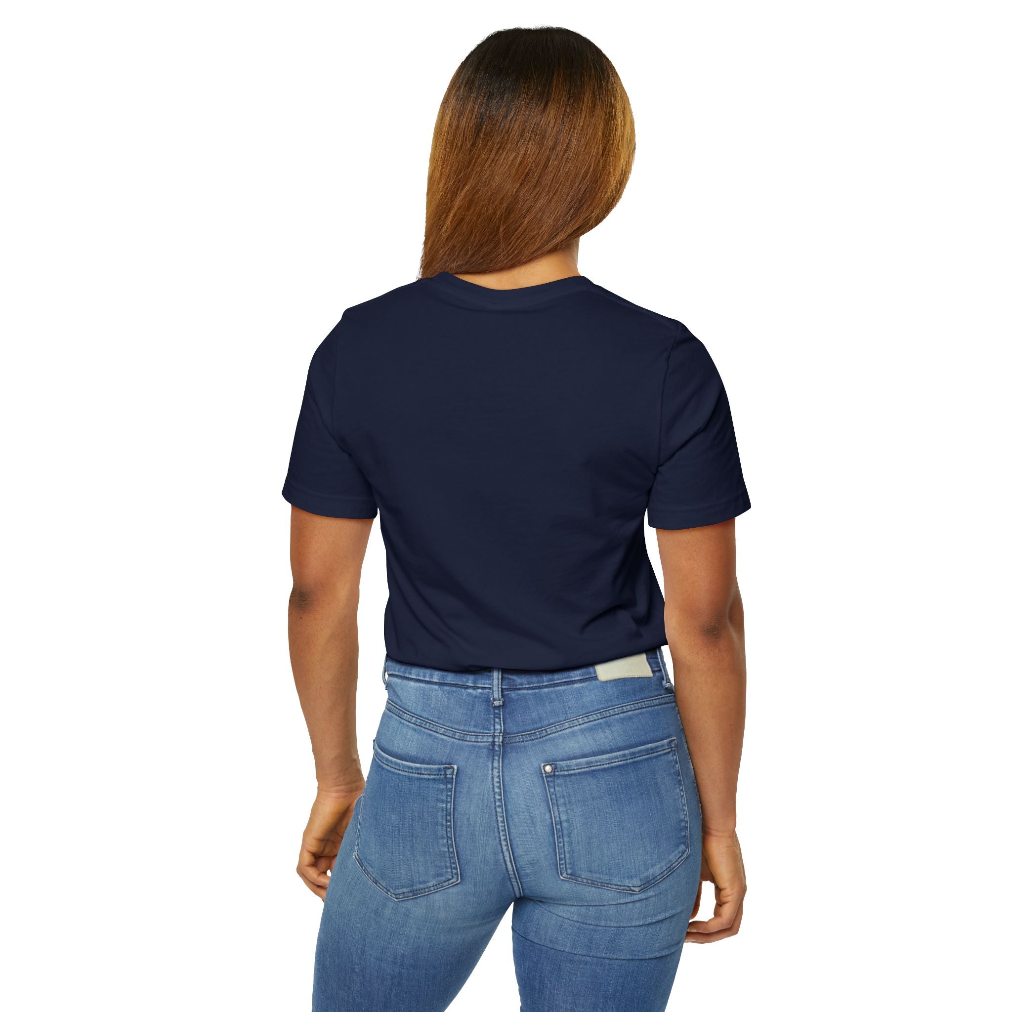 A person with long brown hair, wearing the Anti Social She-Wolf T-Shirt — Funny Introvert Graphic Tee and blue jeans, stands with their back to the camera against a white background.