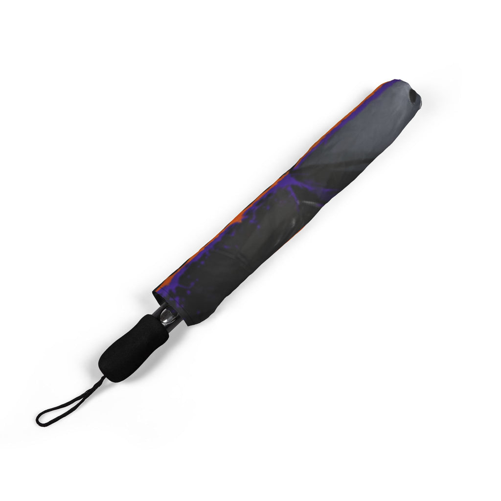TimeWarp Drip Baltimore "Charm City Built" orange foldable umbrella—streetwear drip, waterproof, wrist strap. Pop standout style!. 