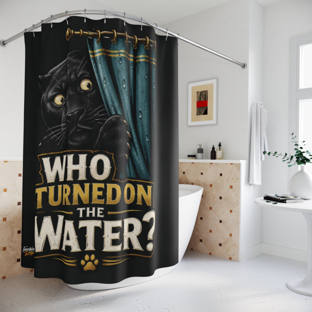 TimeWarp Drip Drip in style with the Printify "Who Turned on the Water?" shower curtain—bold white streetwear vibes, animal guardians on guard!. streetwear apparel