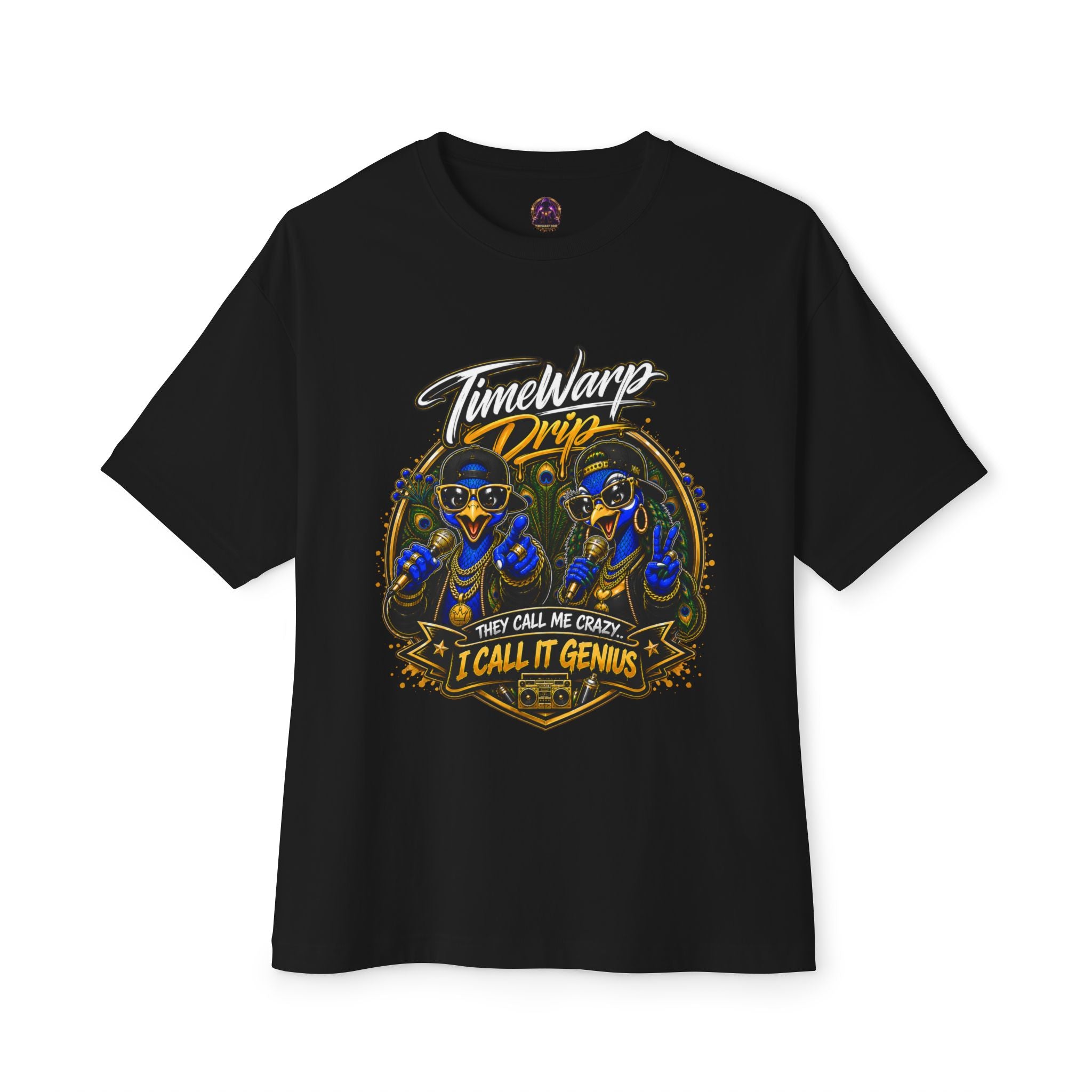 TimeWarp Drip – Oversized black boxy tee with bold dual peacock graffiti and "They Call Me Crazy, I Call It Genius" street statement. | premium streetwear