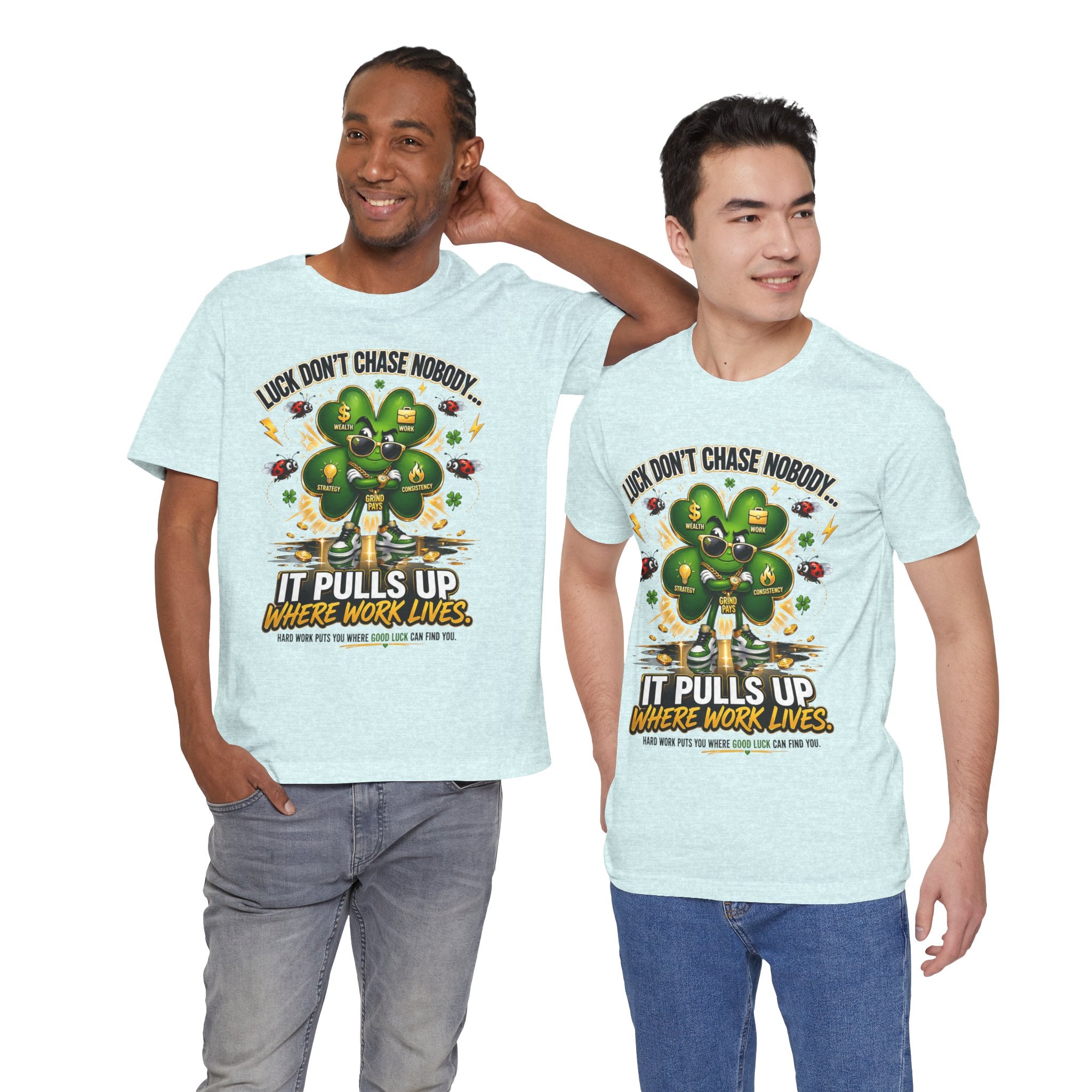 TimeWarp Drip Two dudes flex bold black Printify streetwear tees with neon green 4-leaf clovers—Luck Don’t Chase Nobody, but style does. streetwear apparel