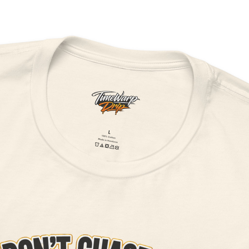 TimeWarp Drip Zoom in on crisp white Printify tee collar—Luck Don’t Chase Nobody pops with 4-leaf clover drip and bold streetwear flair. streetwear apparel