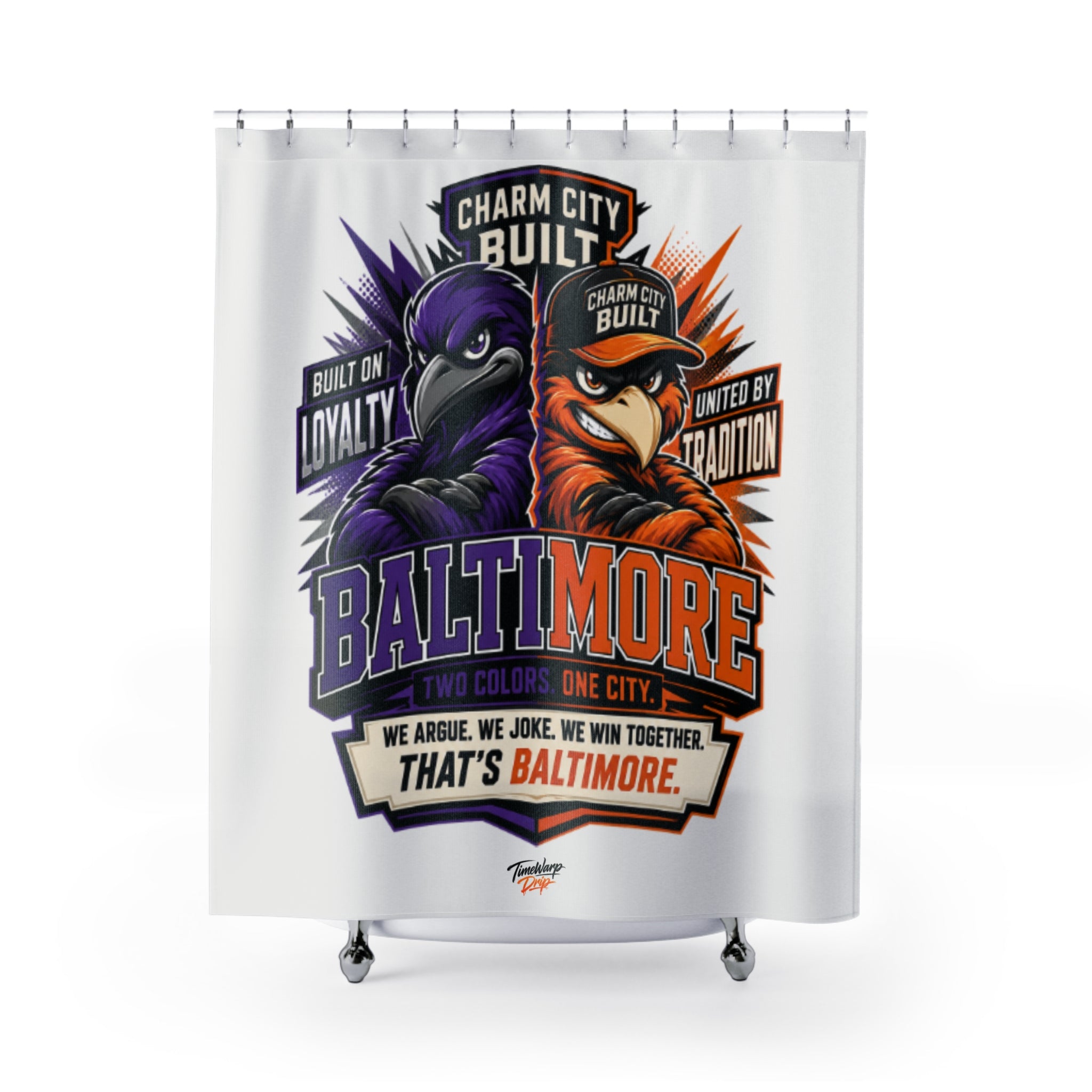 TimeWarp Drip Level up your bathroom game: Bold purple-orange 'Charm City Built' birds shower curtain, streetwear vibes for Baltimore fans. streetwear apparel