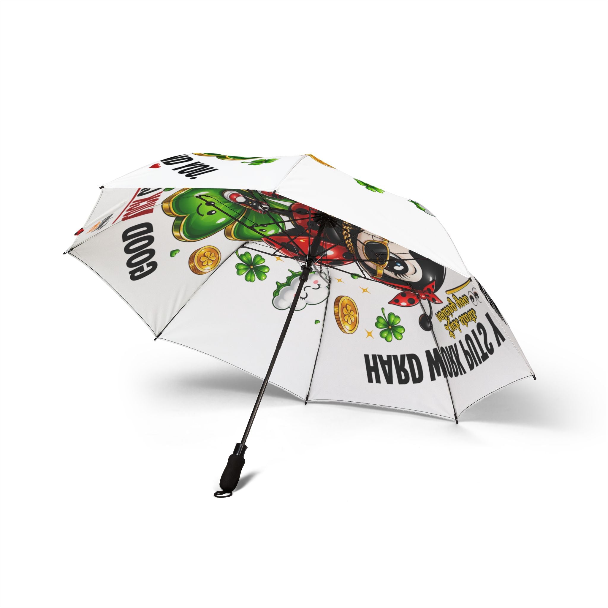 TimeWarp Drip Printify foldable white umbrella—cartoon ladybug drip, fly streetwear style, bold roomy canopy, one size pops in any rain. streetwear apparel