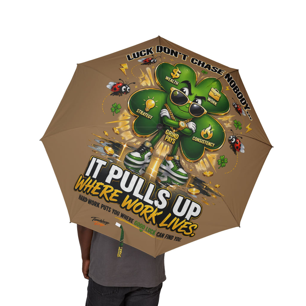 TimeWarp Drip Stylish man flexes Printify’s brown 48" foldable Lucky Clover umbrella—cartoon clover drips streetwise motivation. streetwear apparel