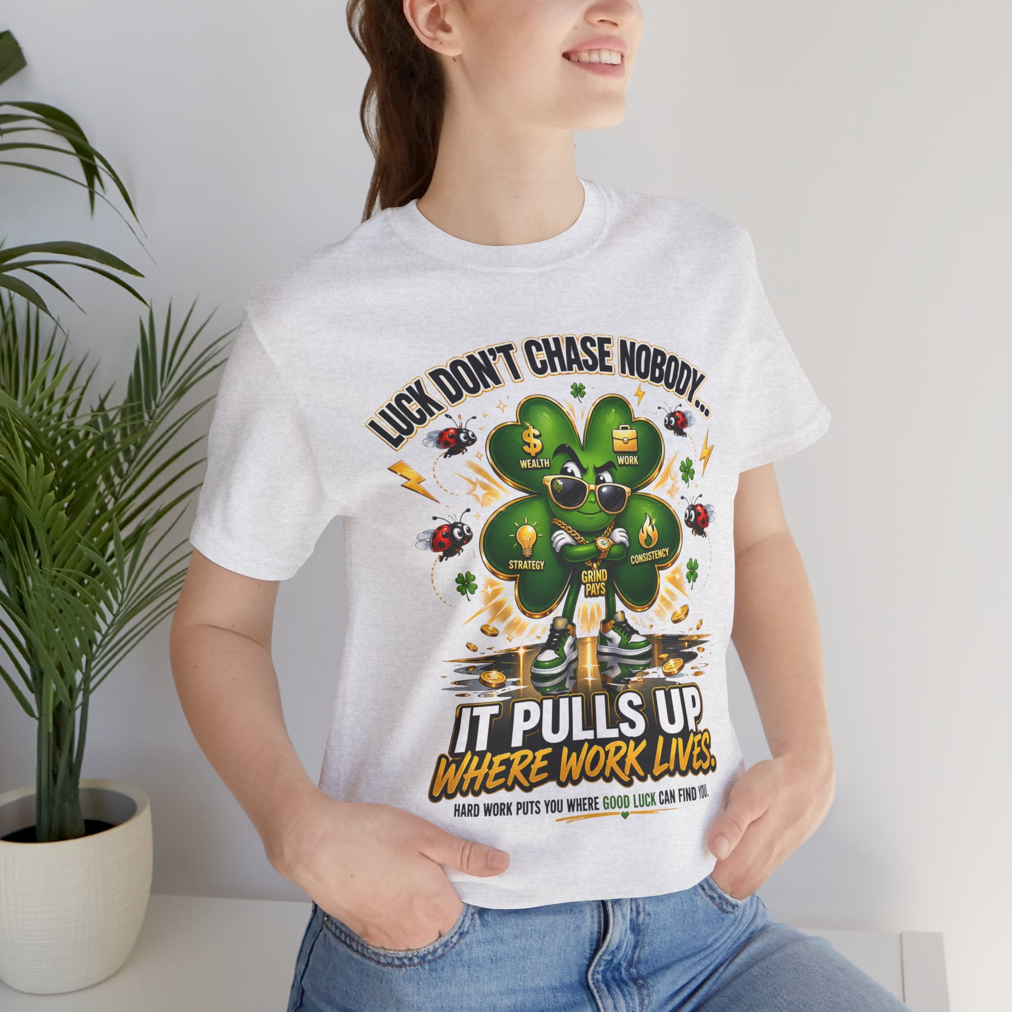 TimeWarp Drip Confident woman rocks a bold black Printify “Luck Don’t Chase Nobody” clover graphic tee—fresh streetwear vibes, unstoppable style. streetwear apparel