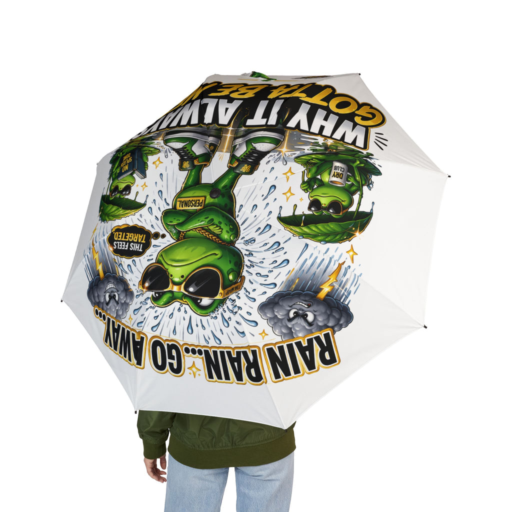 TimeWarp Drip Drip check: White Printify foldable umbrella, waterproof, with bold “Rain? Go Away” and playful cartoon frogs—streetwear magic!. streetwear apparel