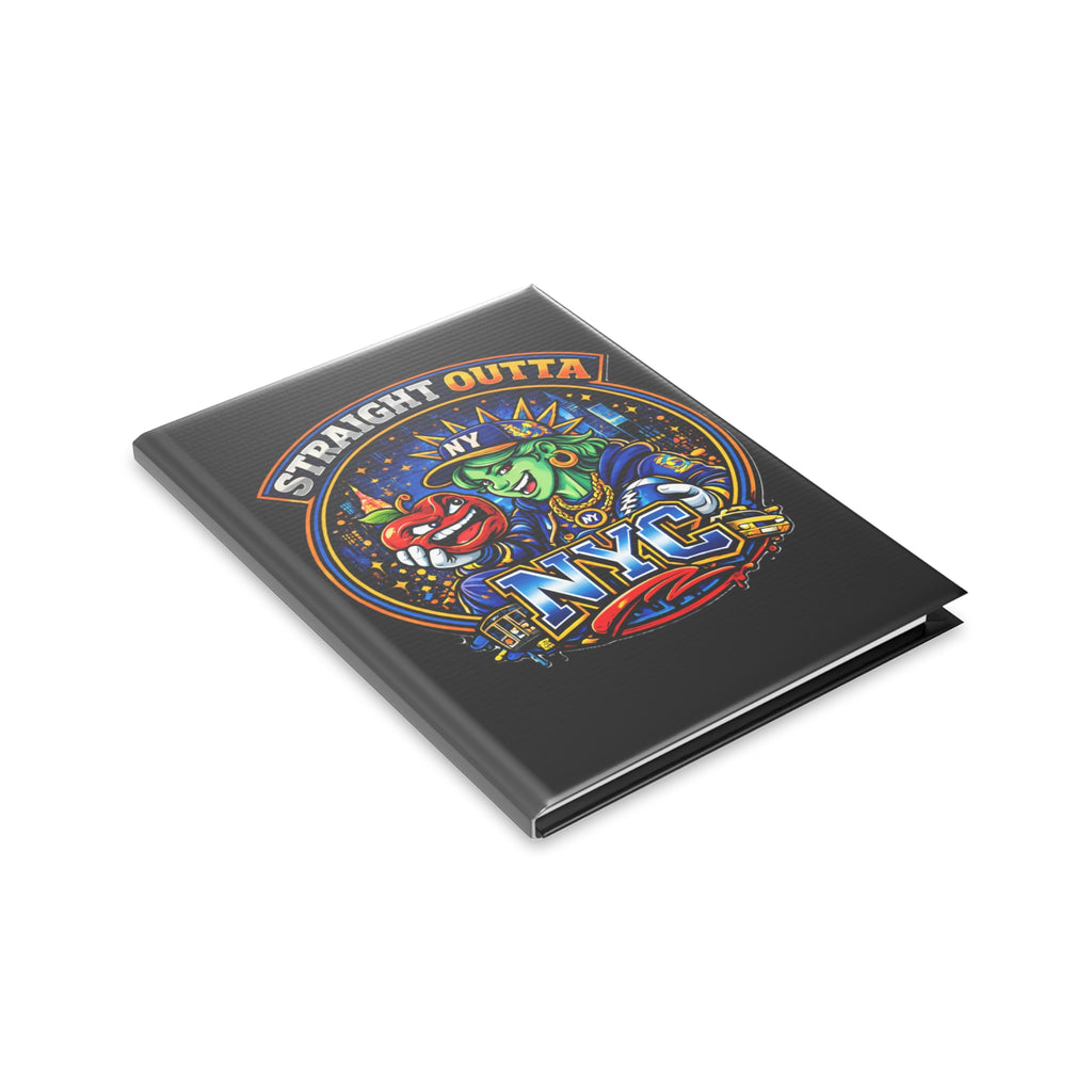 Black hardcover notebook featuring a New York City Statue of Liberty graphic, ideal for journaling and note-taking.
