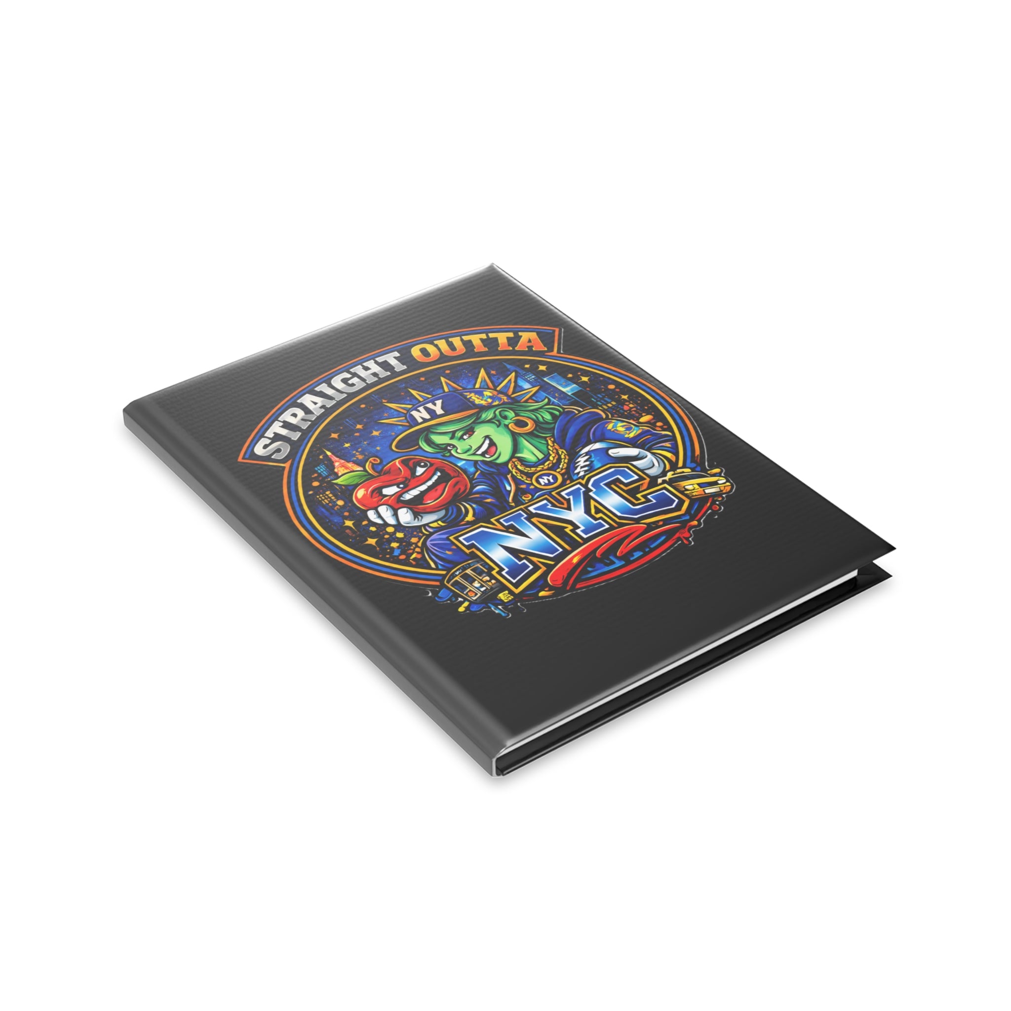 Black hardcover notebook featuring a New York City Statue of Liberty graphic, ideal for journaling and note-taking.