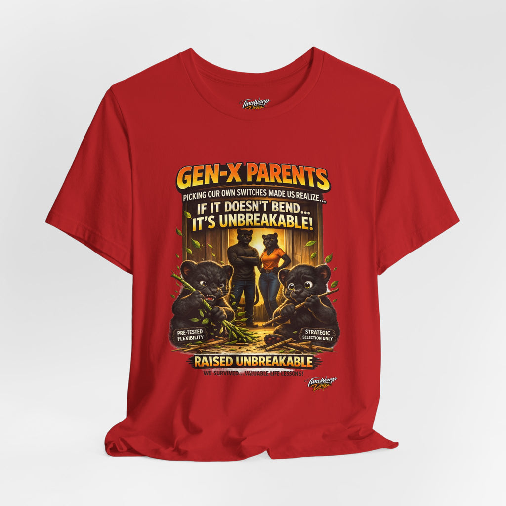 TimeWarp Drip Printify Raised Unbreakable T-Shirt in bold black: Gen X “Picked Our Own Switches” tee with retro streetwise nostalgia graphic. streetwear apparel