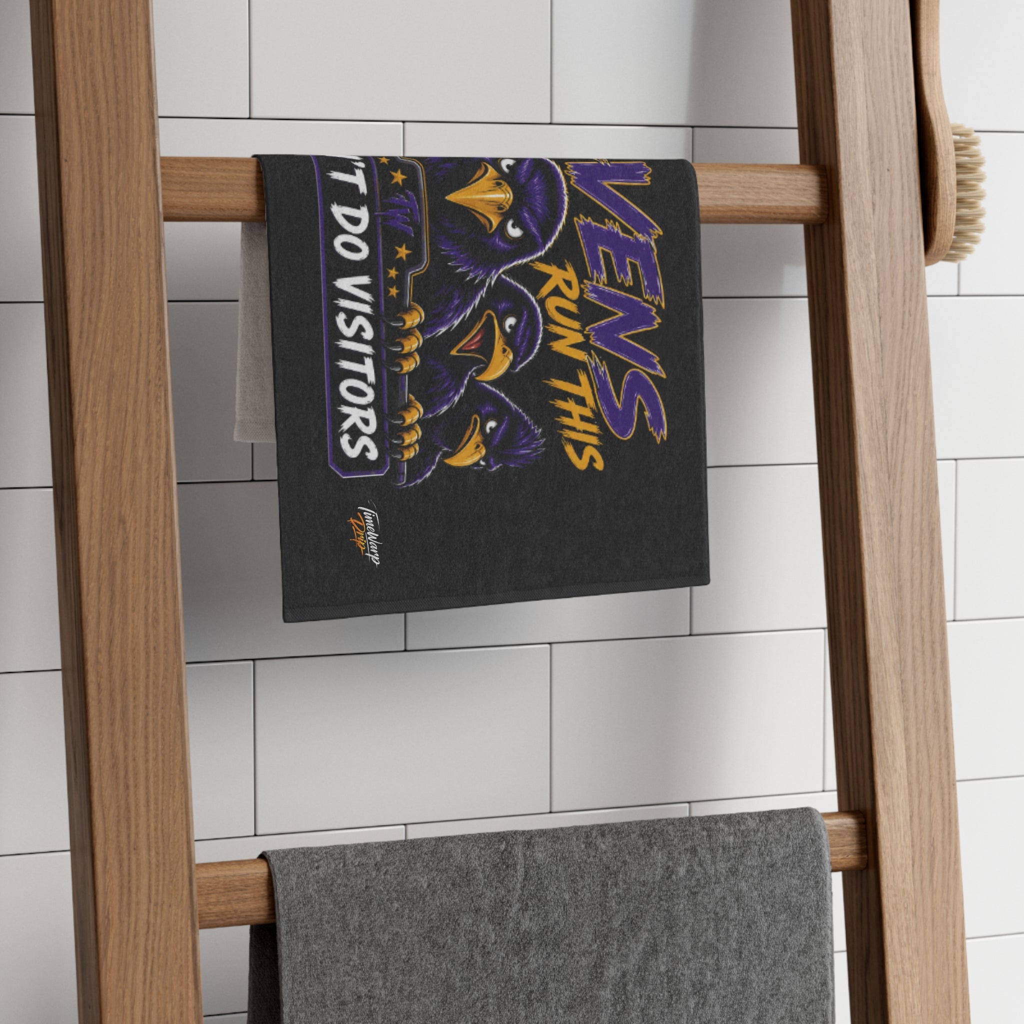 TimeWarp Drip Printify “Home Flock Advantage” rally towel in blackout style (11x18) drips bold on a wood ladder, ready to flex your crew energy. streetwear apparel