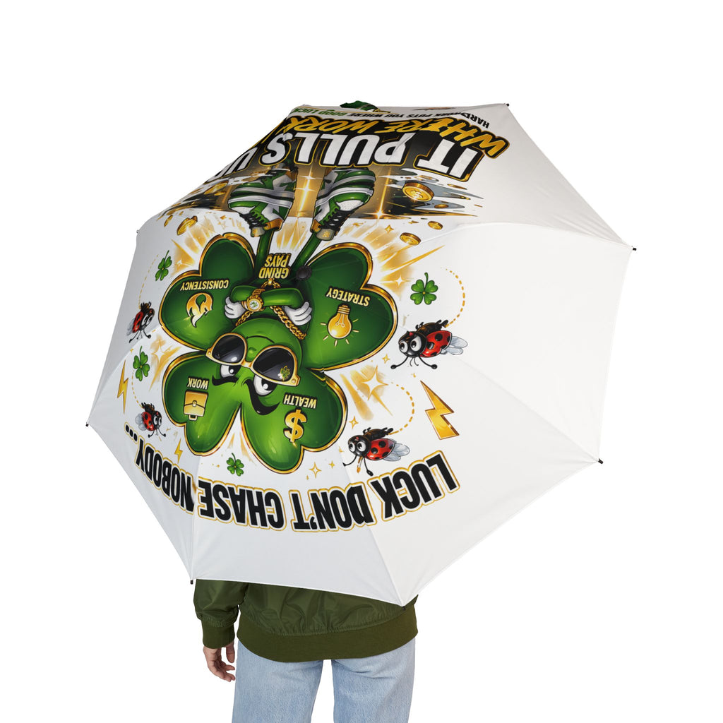 TimeWarp Drip Street-king flex: Printify Lucky Clover white foldable umbrella drippin’ with clovers, ladybugs, and bold positive vibes. streetwear apparel