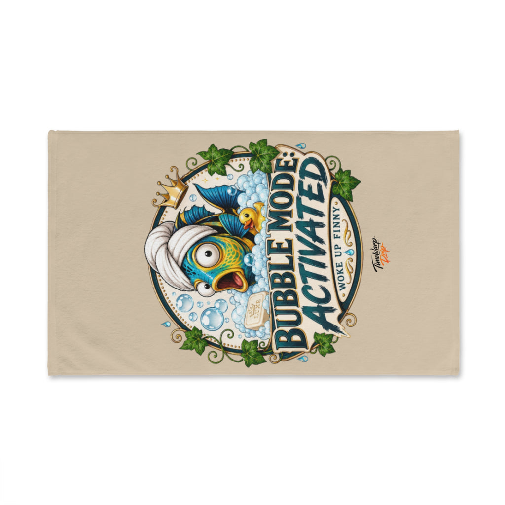 TimeWarp Drip Bubble Mode Drip — Woke Up Finny beige hand towel, bold cartoon fish & bubbles, streetwise bath decor, fun swag. 