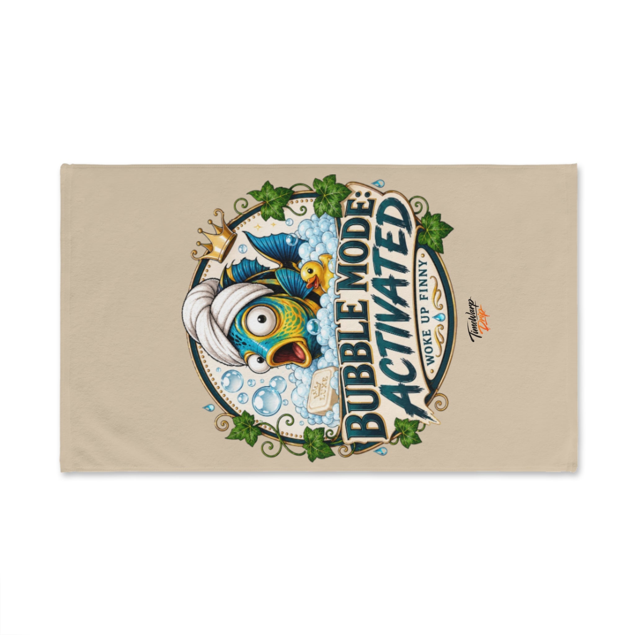 TimeWarp Drip Bubble Mode Drip — Woke Up Finny beige hand towel, bold cartoon fish & bubbles, streetwise bath decor, fun swag. 