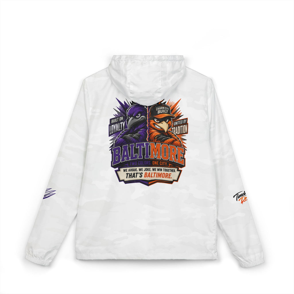 TimeWarp Drip Charm City Two-Tone Windbreaker drips street style—split colors, dual bird mascots, bold Baltimore unity graphics. 