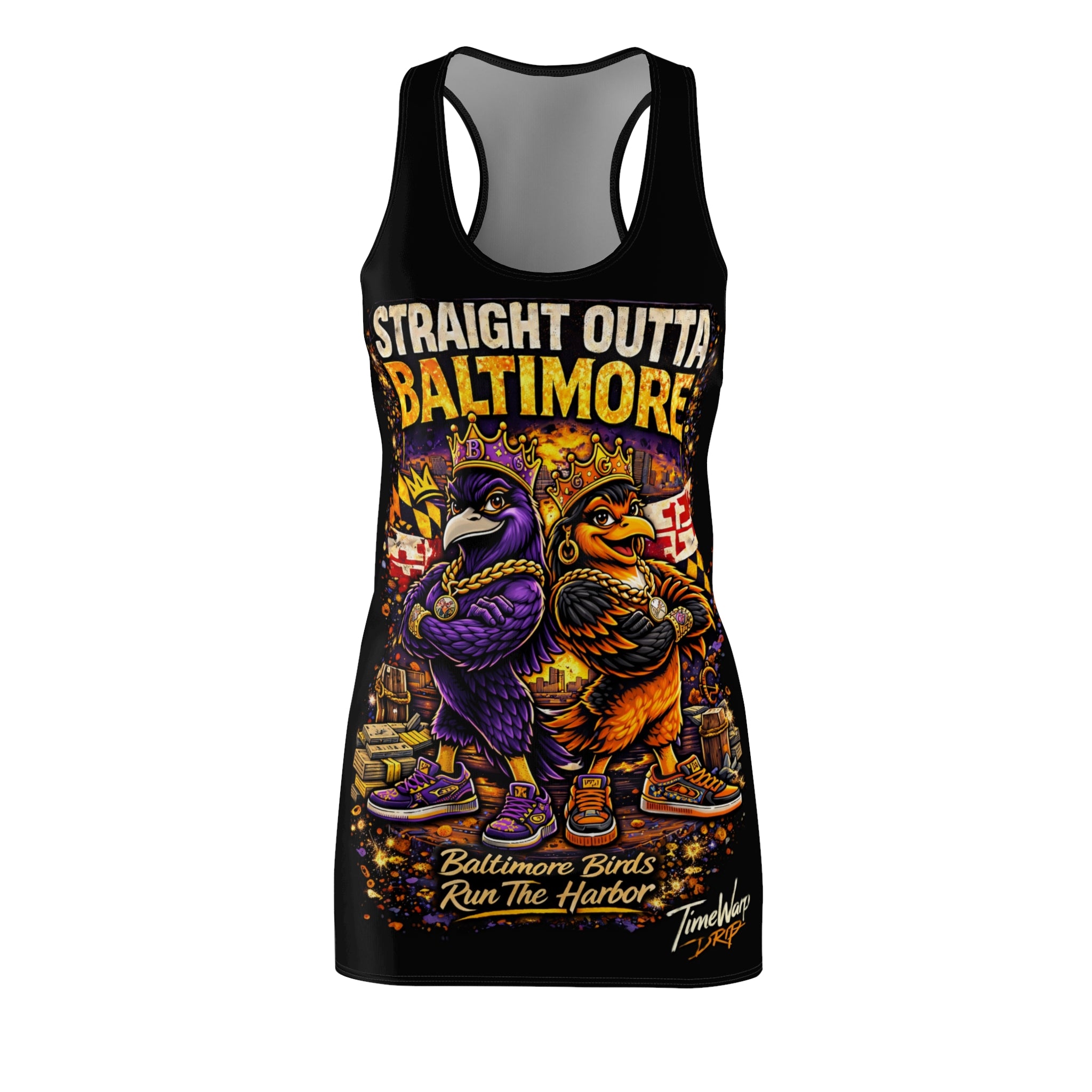 TimeWarp Drip Black racerback dress by Printify flaunts "Straight Outta Baltimore Charm City Attitude"—streetwear with serious drip. streetwear apparel