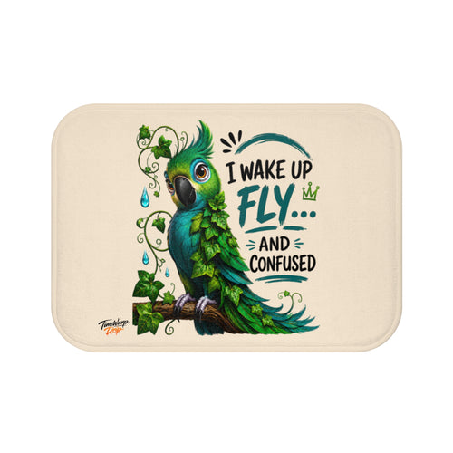 TimeWarp Drip Green bath mat—bold parrot drip: "I Wake Up Fly and Confused." Cool leaves, streetwear flair, max bathroom swagger.