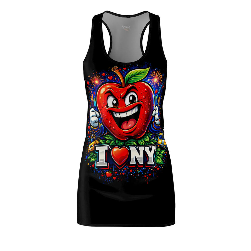 Black racerback dress with all-over print featuring New York City skyline and "Big Apple Attitude" design by TimeWarp Drip.
