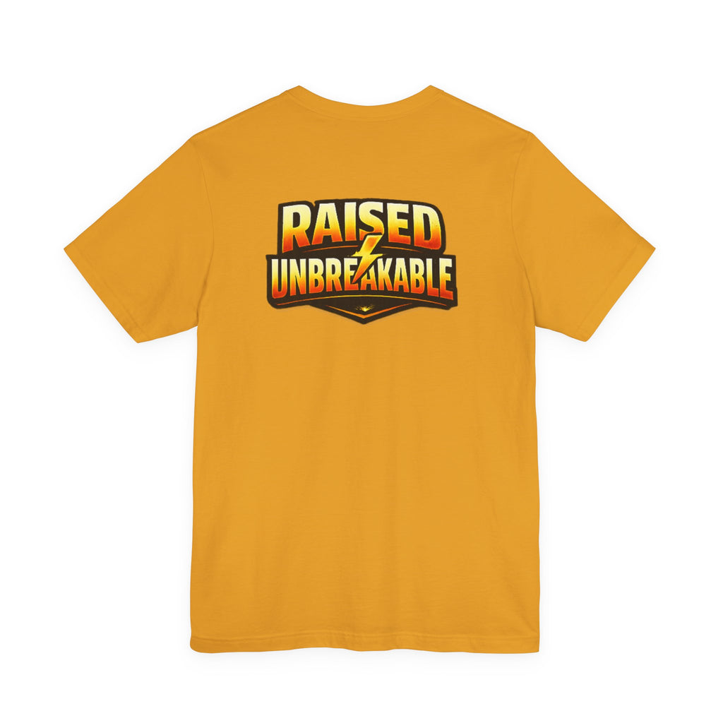TimeWarp Drip Mustard yellow Gen X “Raised Unbreakable” tee for parents—streetwise Printify style, bold back text, unstoppable drip. streetwear apparel
