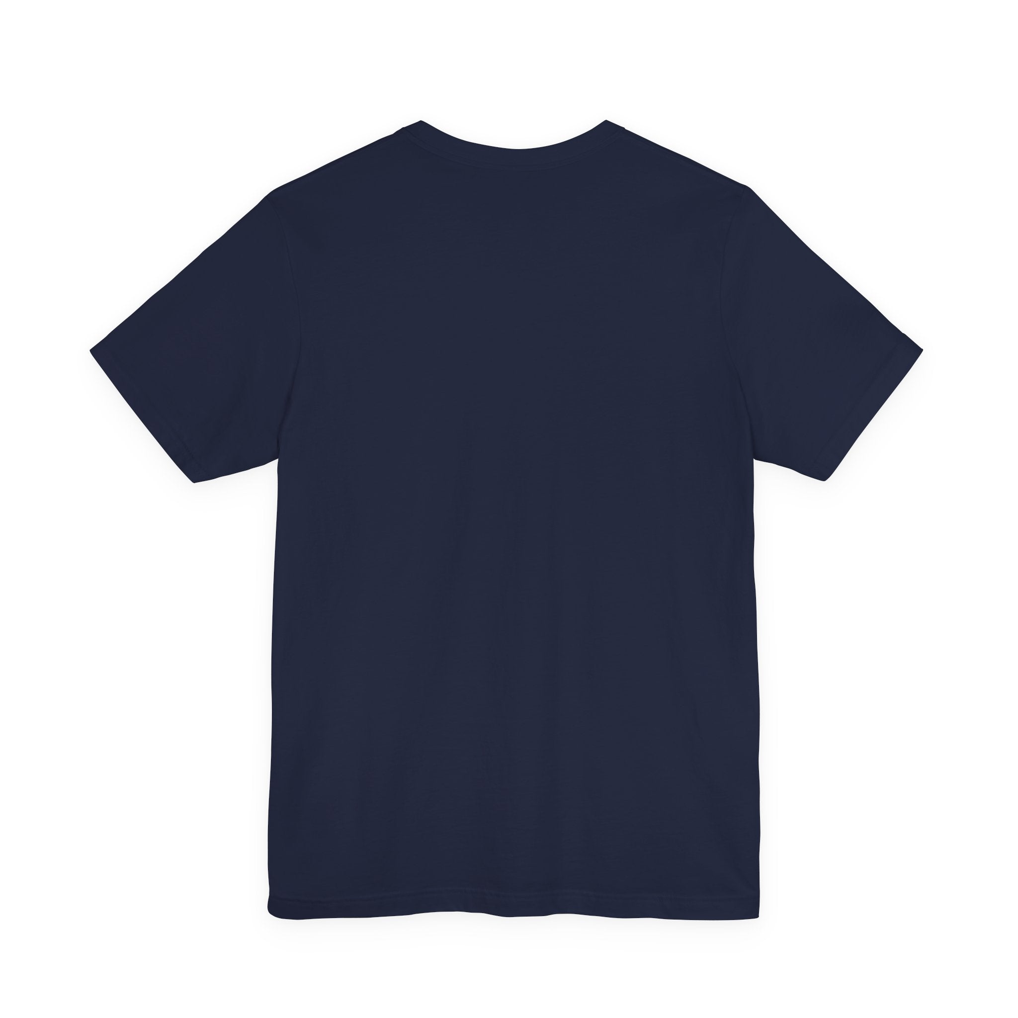 The Calm Energy Vibes T-Shirt — "I Run the Forecast" CEO Energy by Printify, shown from the back in plain navy blue, features ultra-soft Airlume cotton for a lightweight, effortless vibe. Displayed on a white background.