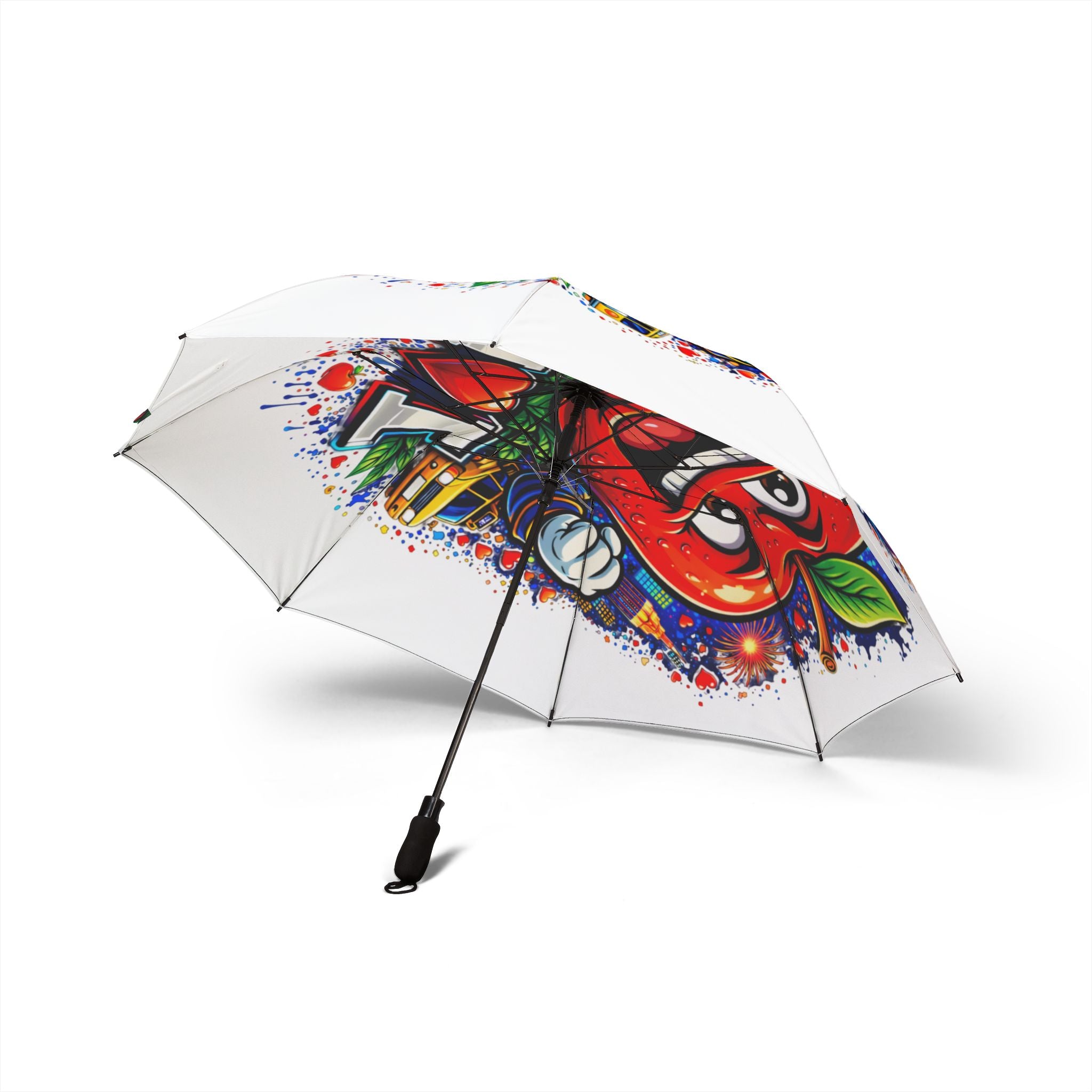 White I Love NYC foldable rain umbrella with colorful design, semi-automatic operation, compact accessories by TimeWarp Drip.