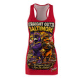 The Red Racerback Dress by Printify features "Charm City Attitude" with two cartoon rapper birds—crowns and chains—standing back-to-back. "Straight Outta Baltimore" is above, and "Baltimore Birds Run The Harbor" is below.
