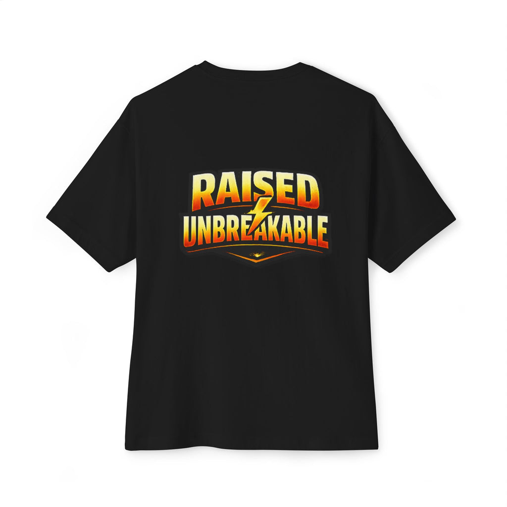 The Generation X Parenting "Come Get Em" Tee by TimeWarp Drip is an oversized boxy cotton shirt with bold yellow and orange RAISED UNBREAKABLE text and a lightning bolt on the back—a tribute to resilient Gen X parenting.