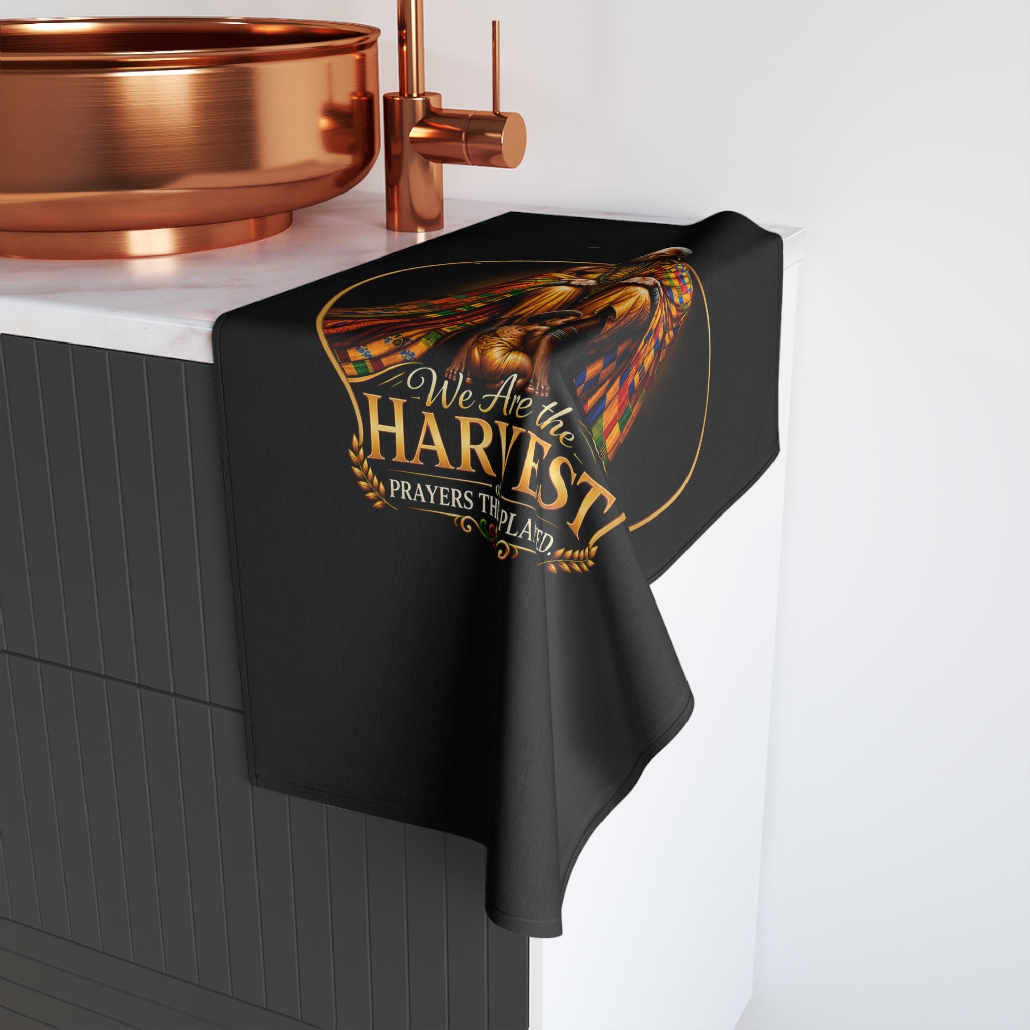 TimeWarp Drip – Black hand towel with "Rooted in Legacy" script, city-cool vibe, draped by copper sink in urban-inspired guest bathroom. | premium streetwear