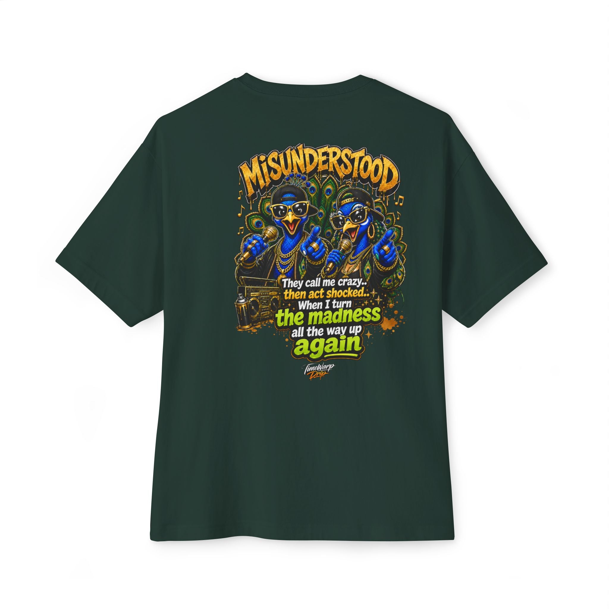 TimeWarp Drip – Oversized black tee with bold dual peacocks and striking hip-hop street art, channeling urban energy and high-end style. | premium streetwear