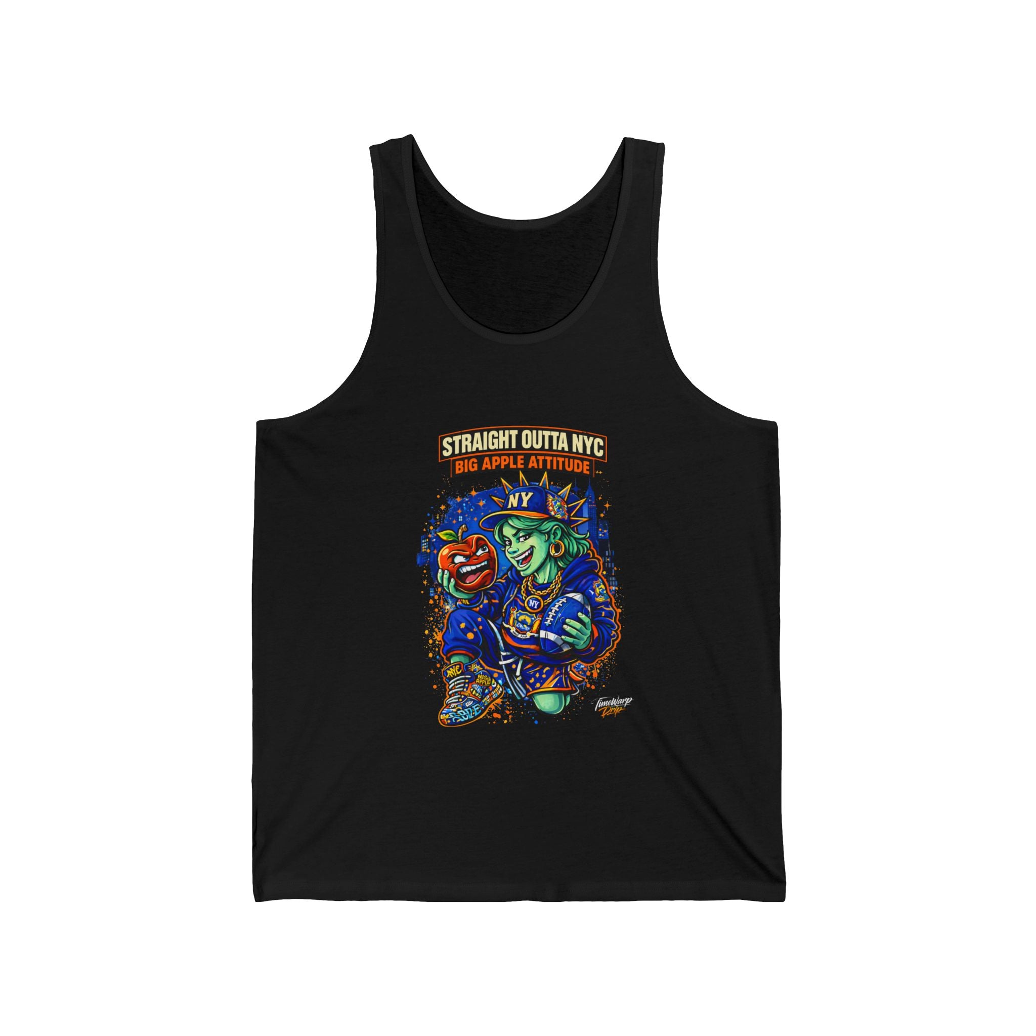 Straight Outta NYC tank top with retro cartoon Statue of Liberty graphic, casual sleeveless shirt from TimeWarp Drip.